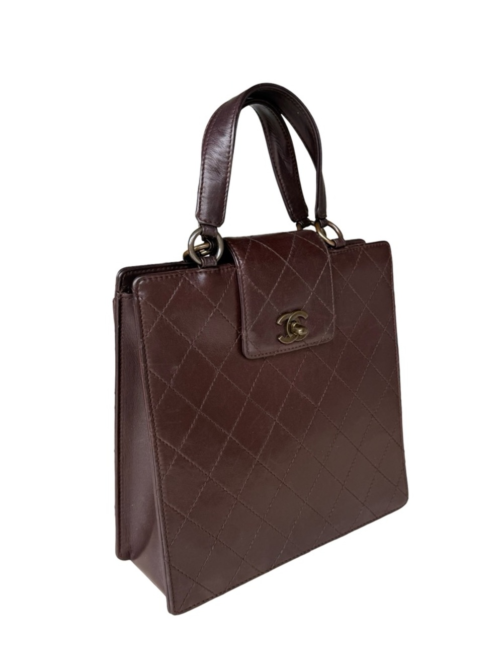 CHANEL Dark Brown Quilted Calf Leather Top-Handle Tote - Picture 3 of 17